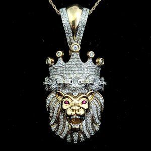 Estate Men's Lion in Crown Diamond Ruby 10k Yellow White Gold Pendant King Pave